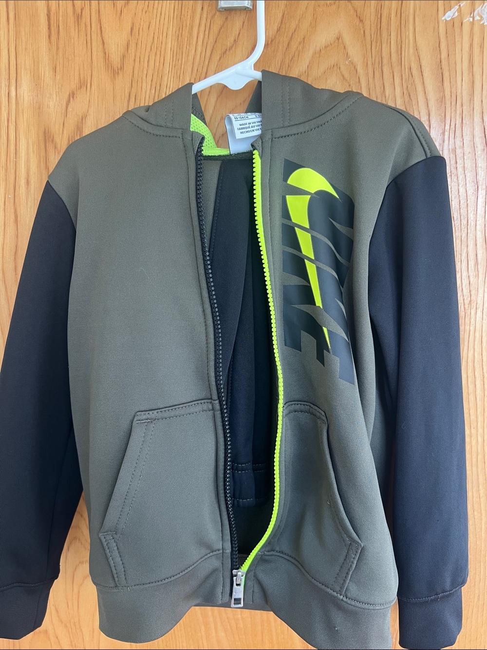 Nike Kids Olive Green and Black Hoodie with Neon Yellow Logo